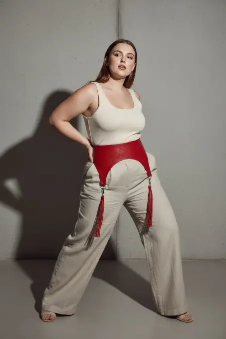 Büyük Beden Kırmızı Kadın Kemer Püskül Detaylı Deri Korse Tasarım - APFT755 - 4