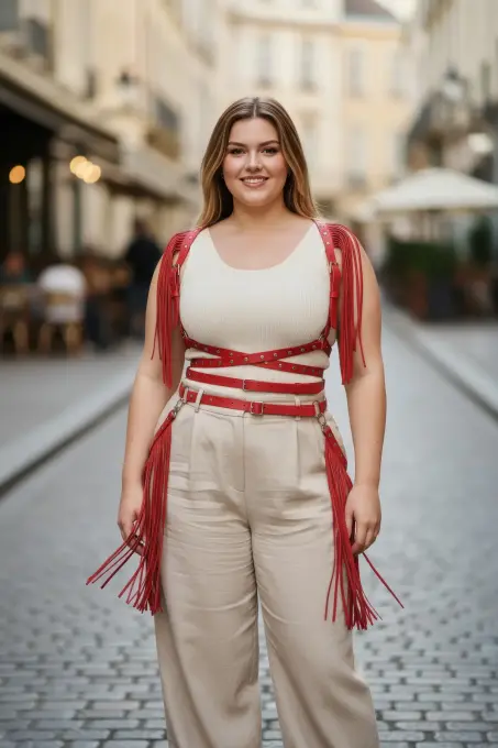 Büyük Beden Kırmızı Kadın Kemer Püskül Detaylı Deri Vücut Aksesuarı - APFT1005 - 1