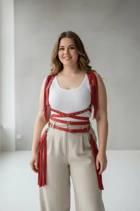 Büyük Beden Kırmızı Kadın Kemer Püskül Detaylı Deri Vücut Aksesuarı - APFT1005 - 2