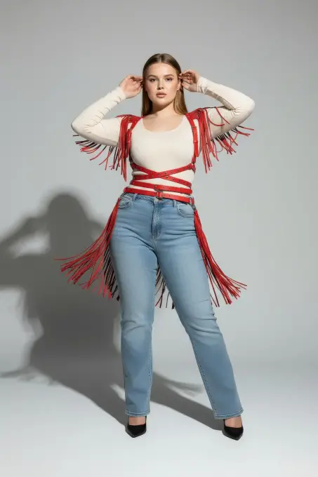 Büyük Beden Kırmızı Kadın Kemer Püskül Detaylı Deri Vücut Aksesuarı - APFT1005 - 3