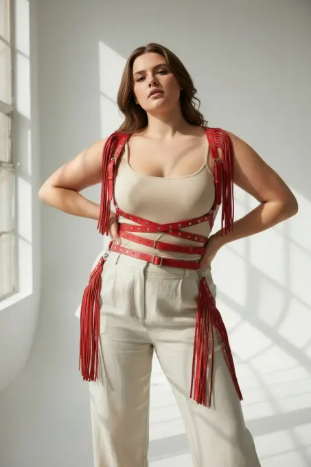 Büyük Beden Kırmızı Kadın Kemer Püskül Detaylı Deri Vücut Aksesuarı - APFT1005 - 4