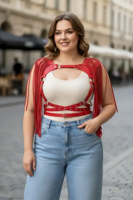 Büyük Beden Kırmızı Kadın Kemer Püsküllü Deri Harness Vücut Aksesuarı - APFT999 - 1
