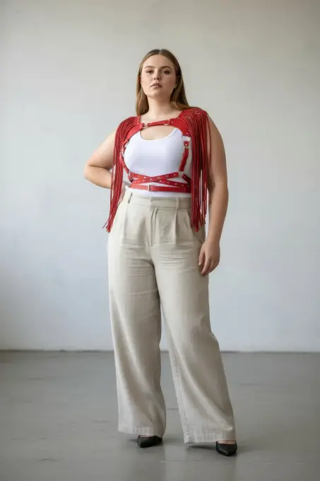 Büyük Beden Kırmızı Kadın Kemer Püsküllü Deri Harness Vücut Aksesuarı - APFT999 - 2