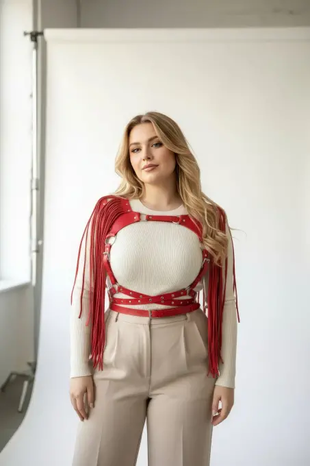 Büyük Beden Kırmızı Kadın Kemer Püsküllü Deri Harness Vücut Aksesuarı - APFT999 - 3
