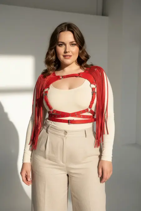 Büyük Beden Kırmızı Kadın Kemer Püsküllü Deri Harness Vücut Aksesuarı - APFT999 - 5