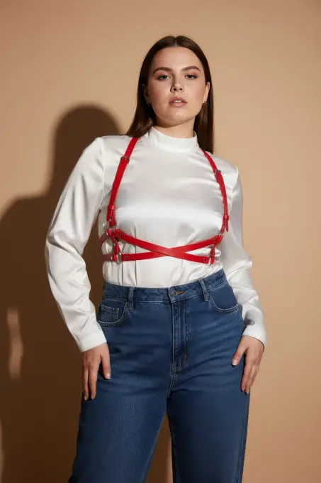 Büyük Beden Kırmızı Kadın Kemer Vücudu Saran O Halka Detaylı Deri Aksesuar. - APFT204 - 5