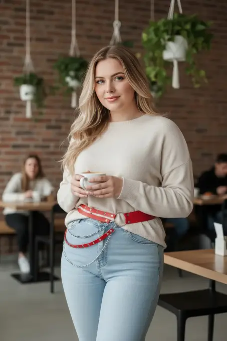 Büyük Beden Kırmızı Kadın Kemer Zincir Detaylı Deri Bel Aksesuarı - APFT586 - 1