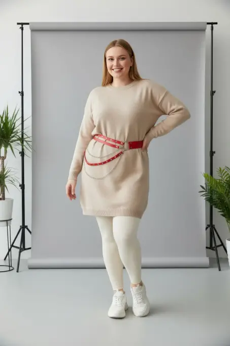 Büyük Beden Kırmızı Kadın Kemer Zincir Detaylı Deri Bel Aksesuarı - APFT586 - 2