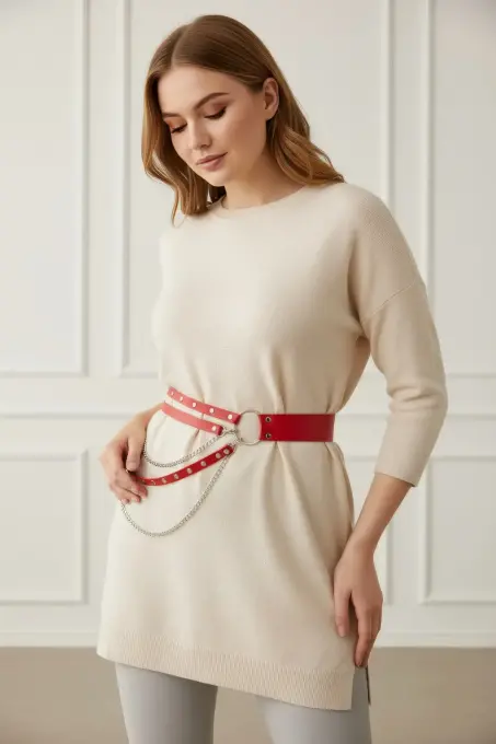 Büyük Beden Kırmızı Kadın Kemer Zincir Detaylı Deri Bel Aksesuarı - APFT586 - 3