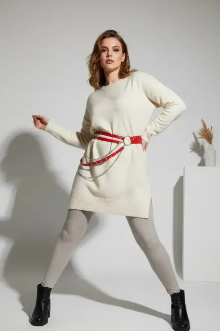 Büyük Beden Kırmızı Kadın Kemer Zincir Detaylı Deri Bel Aksesuarı - APFT586 - 4