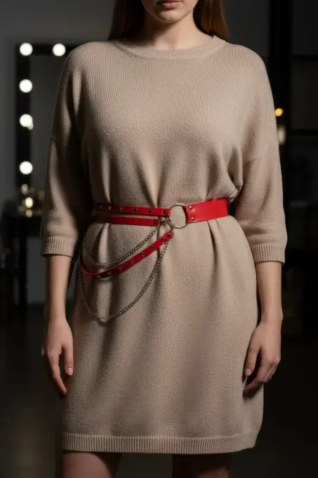 Büyük Beden Kırmızı Kadın Kemer Zincir Detaylı Deri Bel Aksesuarı - APFT586 - 5