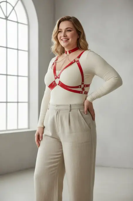 Büyük Beden Kırmızı Kadın Kemer Zincir Detaylı Deri Harness - APFT797 - 2