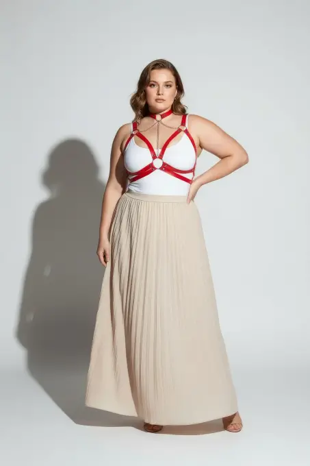 Büyük Beden Kırmızı Kadın Kemer Zincir Detaylı Deri Harness - APFT797 - 4