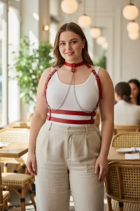 Büyük Beden Kırmızı Kadın Kemer Zincir Detaylı Deri Harness Vücut Aksesuarı - APFT824 - 1