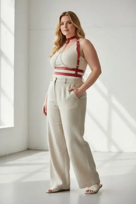 Büyük Beden Kırmızı Kadın Kemer Zincir Detaylı Deri Harness Vücut Aksesuarı - APFT824 - 2