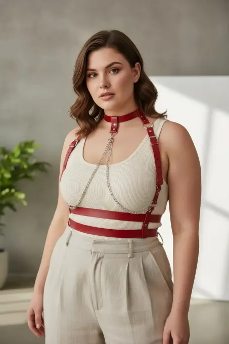 Büyük Beden Kırmızı Kadın Kemer Zincir Detaylı Deri Harness Vücut Aksesuarı - APFT824 - 3