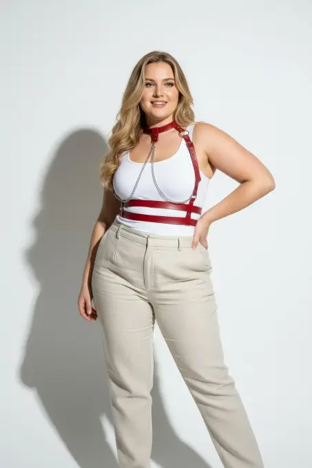 Büyük Beden Kırmızı Kadın Kemer Zincir Detaylı Deri Harness Vücut Aksesuarı - APFT824 - 4