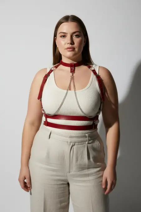 Büyük Beden Kırmızı Kadın Kemer Zincir Detaylı Deri Harness Vücut Aksesuarı - APFT824 - 5