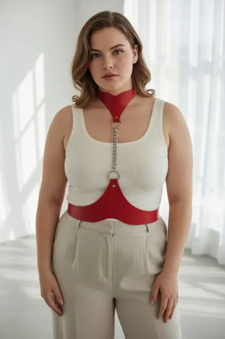 Büyük Beden Kırmızı Kadın Kemer Zincir Detaylı Deri Vücut Aksesuarı - APFT1265 - 3