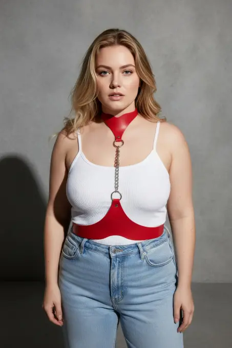 Büyük Beden Kırmızı Kadın Kemer Zincir Detaylı Deri Vücut Aksesuarı - APFT1265 - 5