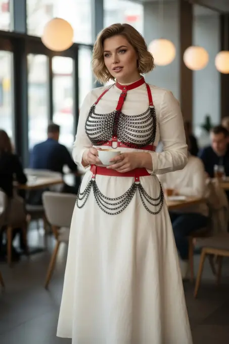 Büyük Beden Kırmızı Kadın Kemer Zincir Detaylı Deri Vücut Aksesuarı - APFT438 - 1