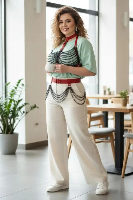 Büyük Beden Kırmızı Kadın Kemer Zincir Detaylı Deri Vücut Aksesuarı - APFT438 - 2