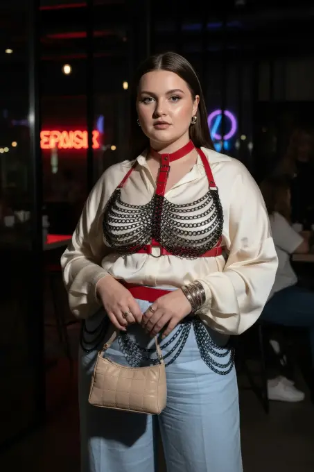 Büyük Beden Kırmızı Kadın Kemer Zincir Detaylı Deri Vücut Aksesuarı - APFT438 - 5