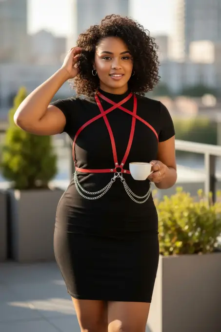 Büyük Beden Kırmızı Kadın Kemer Zincir Detaylı Deri Vücut Aksesuarı - APFT52 - 1