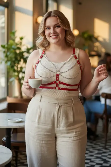 Büyük Beden Kırmızı Kadın Kemer Zincir Detaylı Deri Vücut Aksesuarı - APFT808 - 1