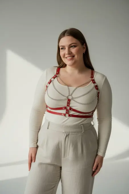 Büyük Beden Kırmızı Kadın Kemer Zincir Detaylı Deri Vücut Aksesuarı - APFT808 - 3