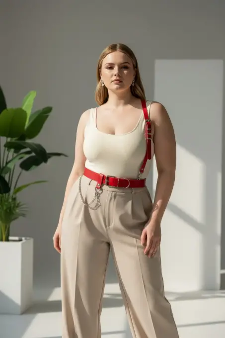 Büyük Beden Kırmızı Kadın Kemer Zincir Detaylı Harness Vücut Aksesuarı - APFT620 - 1