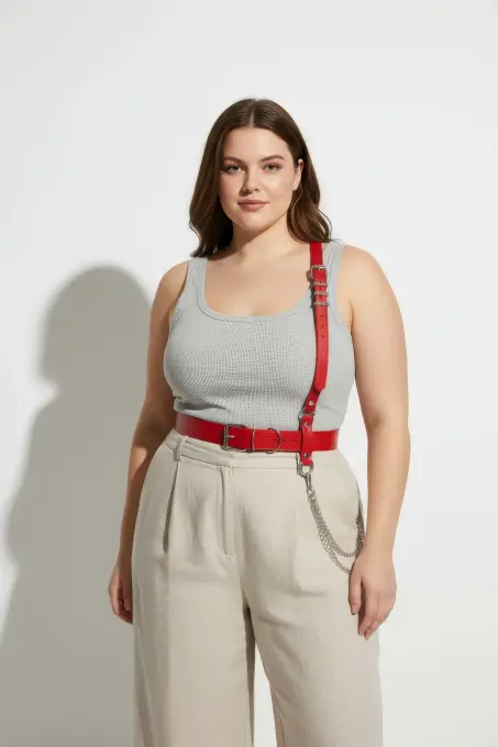 Büyük Beden Kırmızı Kadın Kemer Zincir Detaylı Harness Vücut Aksesuarı - APFT620 - 3