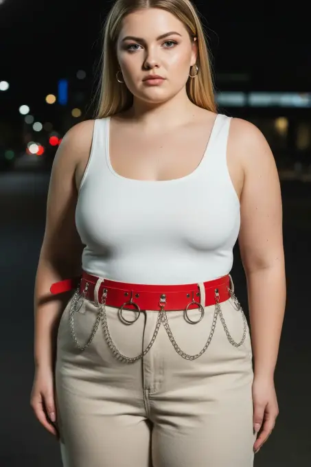 Büyük Beden Kırmızı Kadın Kemer Zincir Detaylı Kalın Bel Aksesuarı - APFT639 - 2