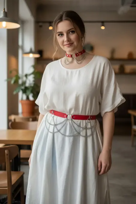 Büyük Beden Kırmızı Kadın Kemer Zincir Detaylı Şık Deri Aksesuar - APFT506 - 3