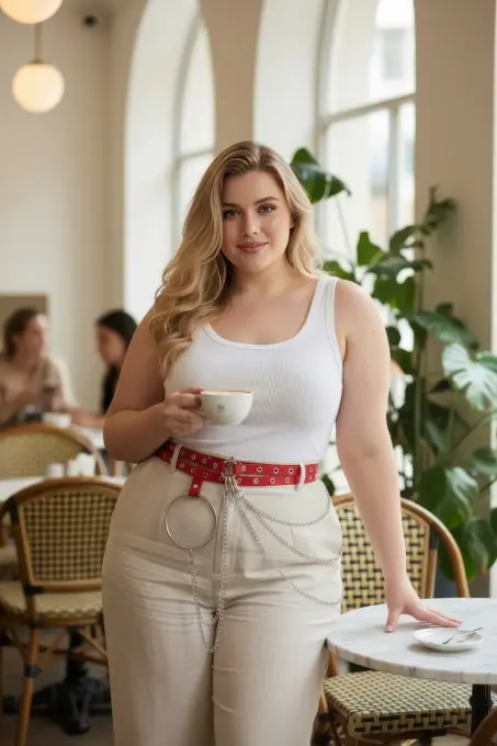 Büyük Beden Kırmızı Kadın Kemer Zincir ve Halka Detaylı Deri Görünümlü - APFT731 - 1