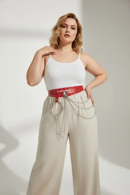 Büyük Beden Kırmızı Kadın Kemer Zincir ve Halka Detaylı Deri Görünümlü - APFT731 - Angels Passion (1)