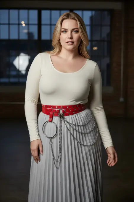 Büyük Beden Kırmızı Kadın Kemer Zincir ve Halka Detaylı Deri Görünümlü - APFT731 - 5