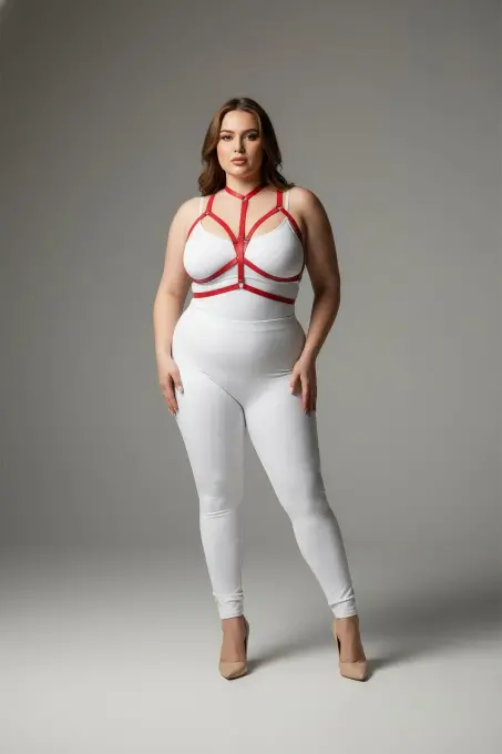 Büyük Beden Kırmızı Kadın Lastik Harness Takım Ayarlanabilir Şık Vücut Aksesuarı - APFT143 - 1