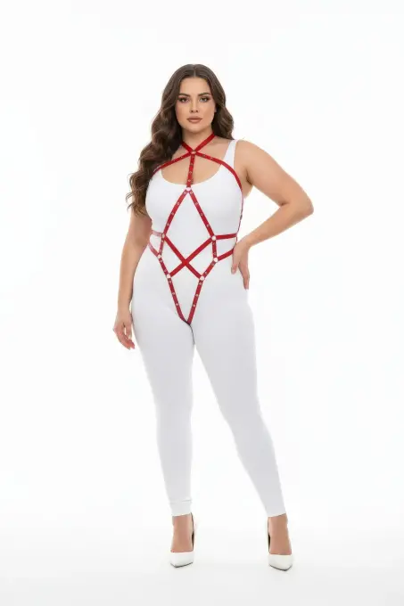 Büyük Beden Kırmızı Kadın Tam Vücut Deri Harness Fantazi Giyim - APFT295 - 1