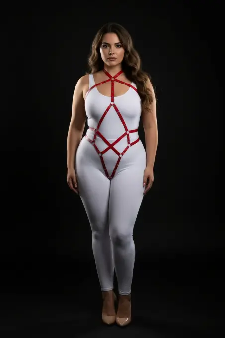 Büyük Beden Kırmızı Kadın Tam Vücut Deri Harness Fantazi Giyim - APFT295 - 2