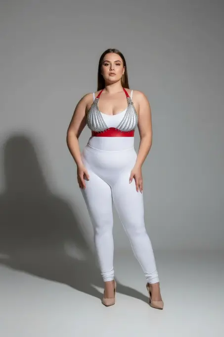 Büyük Beden Kırmızı Kadın Zincir Detaylı Deri Harness Takım - APFT964 - 3