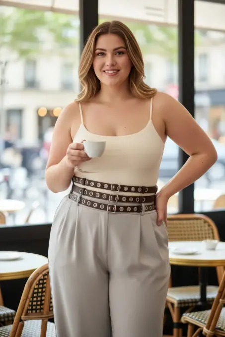 Büyük Beden Koyu Kahve Kadın Geniş Kemer Üç Sıra Metal Halkalı - APFT641 - 1