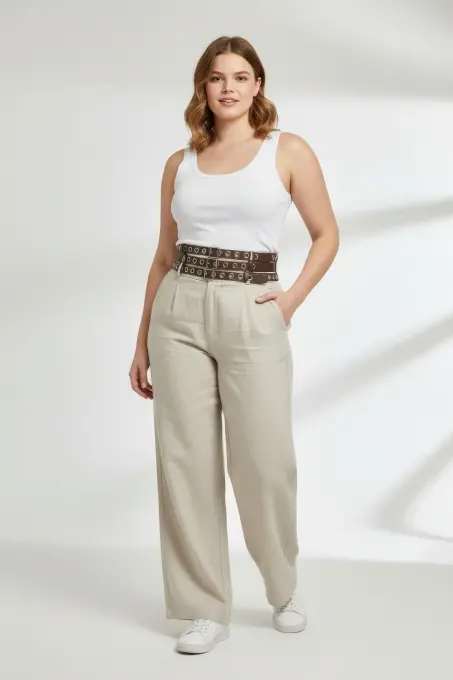 Büyük Beden Koyu Kahve Kadın Geniş Kemer Üç Sıra Metal Halkalı - APFT641 - 2