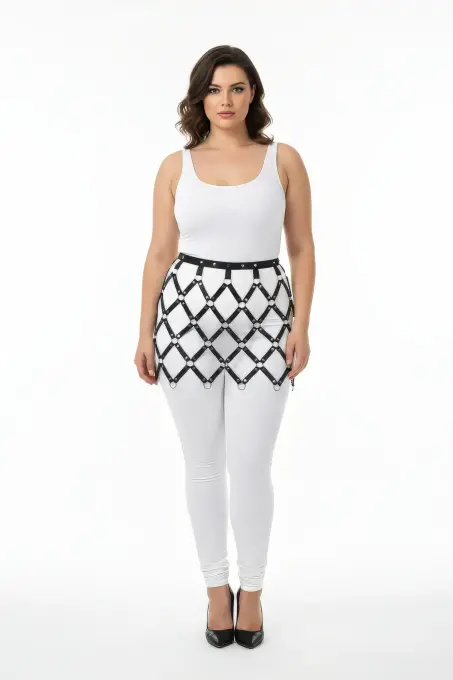 Büyük Beden Siyah Deri Etek Halka Detaylı File Desenli Harness Aksesuarı - APFT696 - 1