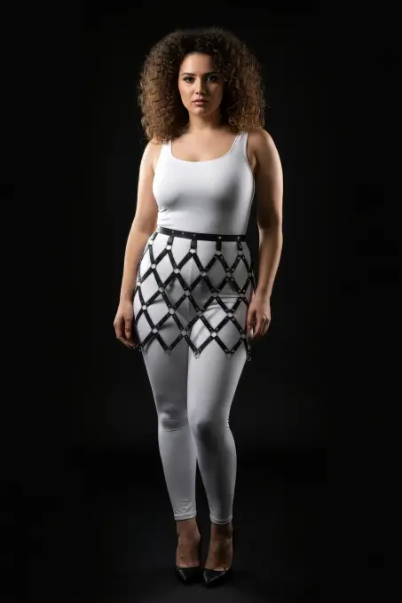 Büyük Beden Siyah Deri Etek Halka Detaylı File Desenli Harness Aksesuarı - APFT696 - 2