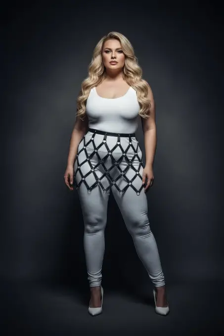 Büyük Beden Siyah Deri Etek Halka Detaylı File Desenli Harness Aksesuarı - APFT696 - 3