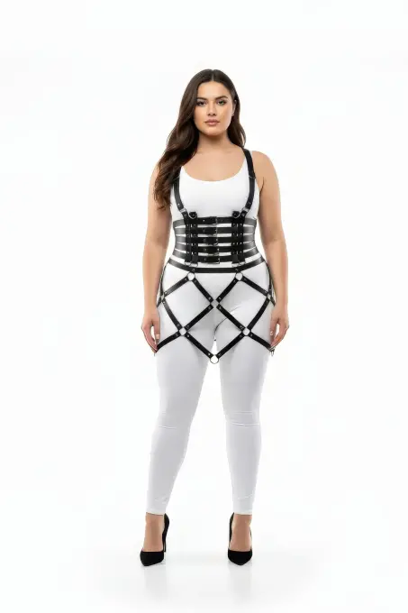 Büyük Beden Siyah Deri Etek Harness Halka Detaylı Fantazi Vücut Aksesuarı - APFT785 - 1