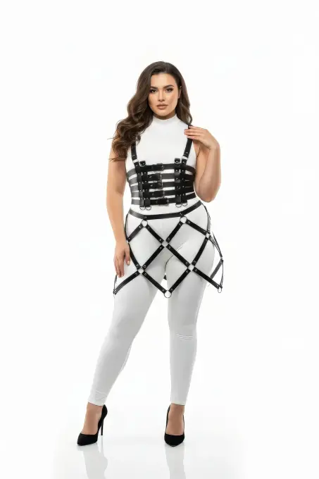Büyük Beden Siyah Deri Etek Harness Halka Detaylı Fantazi Vücut Aksesuarı - APFT785 - 2