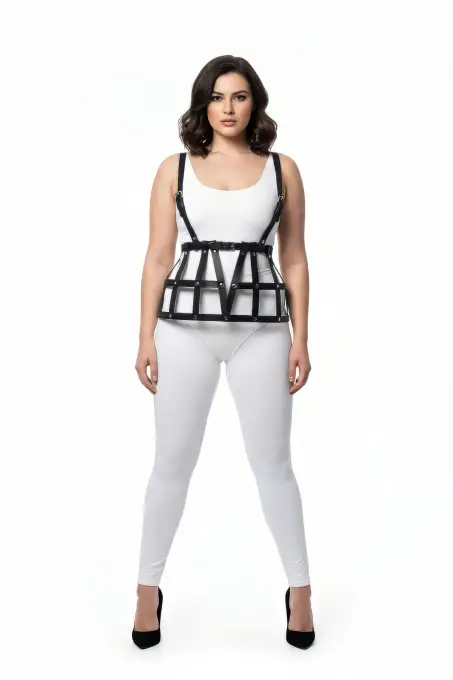 Büyük Beden Siyah Deri Etek Kafes Detaylı Harness Aksesuarı - APFT1252 - 1
