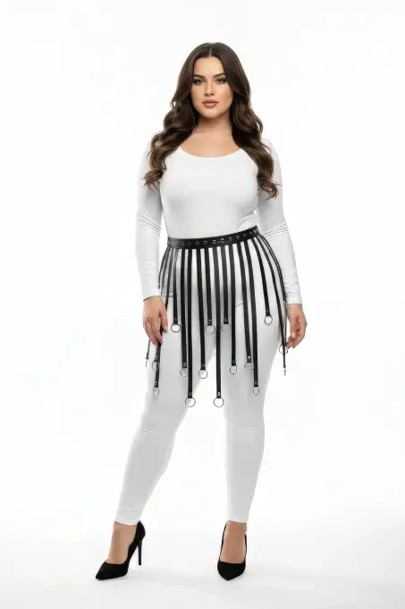 Büyük Beden Siyah Deri Harness Etek Metal Halkalı Fantazi Kombin - APFT579 - 2